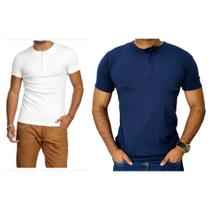 Kit 2 Camiseta Henley Canelado Masculina 4 Botões Slim M Curta