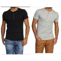 Kit 2 Camiseta Henley Canelado Masculina 4 Botões Slim M Curta