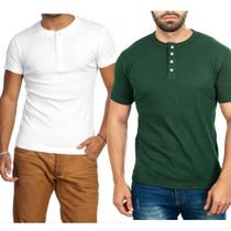 Kit 2 Camiseta Henley Canelado Masculina 4 Botões Slim M Curta
