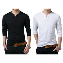 Kit 2 Camiseta Henley Masculina Slim Fit 2 Botões Algodão Canelado