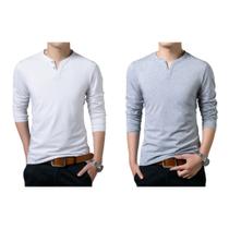 Kit 2 Camiseta Henley Masculina Slim Fit 2 Botões Algodão Canelado