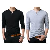 Kit 2 Camiseta Henley Masculina Slim Fit 2 Botões Algodão Canelado