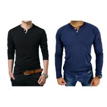 Kit 2 Camiseta Henley Masculina Slim Fit 2 Botões Algodão Canelado