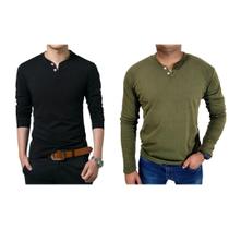 Kit 2 Camiseta Henley Masculina Slim Fit 2 Botões Algodão Canelado