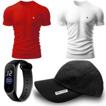 Kit 2 Camiseta Masculina Camisas 100% Algodão Premium Slim Basicas + Boné + Relógio