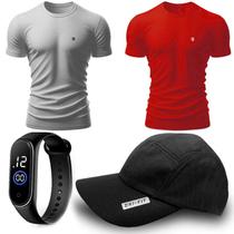 Kit 2 Camiseta Masculina Camisas 100% Algodão Premium Slim Basicas + Boné + Relógio