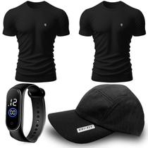 Kit 2 Camiseta Masculina Camisas 100% Algodão Premium Slim Basicas + Boné + Relógio