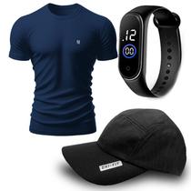 Kit 2 Camiseta Masculina Camisas 100% Algodão Premium Slim Basicas MP + Boné Dry Fit + Relógio