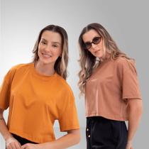 Kit 2 Camisetas Cropped Algodão Oversized Caimento Soltinho Manga Curta Feminina Básica Estampa Lisa