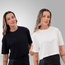 Kit 2 Camisetas Cropped Algodão Oversized Caimento Soltinho Manga Curta Feminina Básica Estampa Lisa