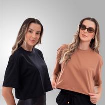 Kit 2 Camisetas Cropped Algodão Oversized Caimento Soltinho Manga Curta Feminina Básica Estampa Lisa