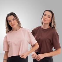 Kit 2 Camisetas Cropped Algodão Oversized Caimento Soltinho Manga Curta Feminina Básica Estampa Lisa