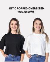 Kit 2 Camisetas Cropped e Oversized Femininas em Algodão Liso Básicas, Manga Curta, Blusinhas