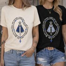 Kit 2 Camisetas Femininas Nossa Senhora Aparecida Preta e/ou Off-white Estampa Rosário Católica Prem Kit 2 Camisetas Femininas Nossa Senhora Aparecida Preta e/ou Off-white Estampa Rosário Católica Prem