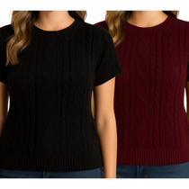 Kit 2 Camisets de Tricô FMF Feminina Manga Curta Trama