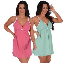 Kit 2 Camisola Amamentação Suede Pós Parto Mamãe Bebê Fecho em Click