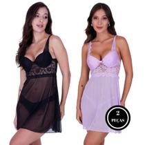 Kit 2 Camisola com Bojo com Calcinha Lingerie Transparente- c3 KIT 2 ELISA PRETO LILÁS