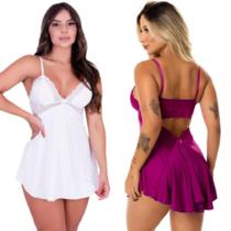 Kit 2 Camisola Decote Nas Costas Sensual Feminina Com Renda Alças Ajustáveis Sem Bojo Linha Noite
