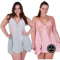 Kit 2 Camisola Plus Size Fenda Detalhe Renda - c2 KIT 2 BIA VERDE ROSÊ