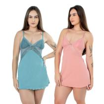 Kit 2 Camisola Sensual Sexy Rendada Com Tule Transparente Sem Bojo