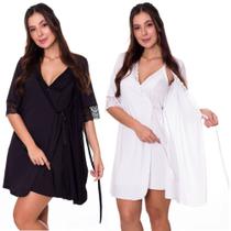 KIT 2 Camisolas Amamentação com Robe Lingerie Maternidade Grávida Gestante Moda de Baixo - Preta + Branca - V100