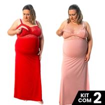 Kit 2 Camisolas Amamentação Longa Recorte Lateral Gestante Pós-Parto Plus