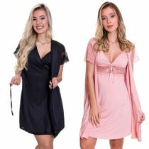 KIT 2 Camisolas Amamentação Maternidade com Robe Gestante Pijama Amamentar Preta + Rosa Moda de Baixo - V04