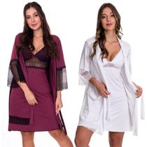 KIT 2 Camisolas Amamentação Pós Parto com Robe Vinho/Preto + Branca Moda de Baixo - V147