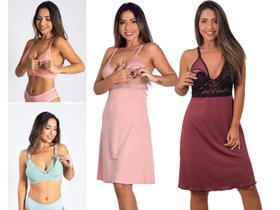 Kit 2 Camisolas Gestante + 2 Sutias Amamentacao com abotoador abre facil Maternidade Gestação