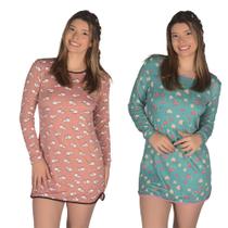 Kit 2 Camisolas Suede Manga Comprida Pijama Feminino