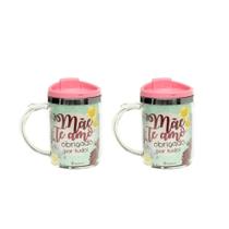 Kit 2 Caneca Dia das Maes Xicara Com Tampa Cafe Cha 350ml Presente Plastico e Metal