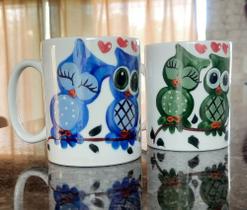 Kit 2 canecas 300ml - Porcelana decorada - Corujas Kit 2 canecas 300ml - Porcelana decorada - Corujas