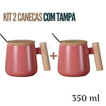 Kit 2 Canecas de Café, Chá e Leite de Cerâmica com Lindo Design com Cabo e Tampa em Madeira e Colher Dourada 350ml