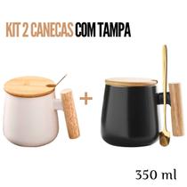 Kit 2 Canecas de Café, Chá e Leite de Cerâmica com Lindo Design com Cabo e Tampa em Madeira e Colher Dourada 350ml