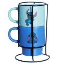 Kit 2 Canecas Empilháveis Stitch em Cerâmica com Suporte 180ml Zona Criativa