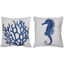 Kit 2 Capa Almofada Coral Cavalo Marinho Estrela e Concha Azul Linho Cru 45cm
