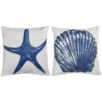 Kit 2 Capa Almofada Coral Cavalo Marinho Estrela e Concha Azul Linho Cru 45cm