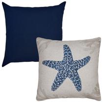 Kit 2 Capa Almofada Linho Alga Estrela Concha Mar Azul 43x43