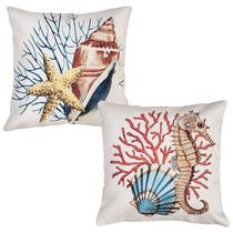 Kit 2 Capa Almofada Linho Colorida Concha Estrela Alga 43x43