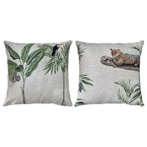 Kit 2 Capa Almofada Linho Onça Pintada Preguiça Tucano 45x45