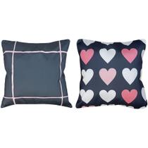 Kit 2 Capa Almofada Sarja Coração Grid Quadrado Chumbo 45x45
