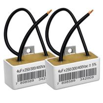 KIT 2 CAPACITOR PERMANENTE 4uF 250/300/400V 2 FIOS QUADRADO TRIO C/ CHAPA KIT 2 CAPACITOR PERMANENTE 4uF 250/300/400V 2 FIOS QUADRADO TRIO C/ CHAPA