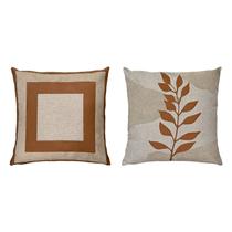 Kit 2 Capas Almofada Linho Bouclé Couro Quadrada Galho 50x50