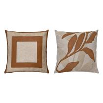 Kit 2 Capas Almofada Linho Bouclé Couro Quadrado Folha 50x50