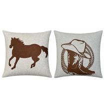 Kit 2 Capas Almofada Linho E Couro Cavalo Bota Country 50x50 Kit 2 Capas Almofada Linho E Couro Cavalo Bota Country 50x50