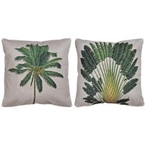 Kit 2 Capas Almofada Linho Folhagem Ravenala Coqueiro 43x43 Kit 2 Capas Almofada Linho Folhagem Ravenala Coqueiro 43x43