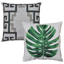 Kit 2 Capas Almofada Linho Folhas Abstrata Frame Grego 45x45 Kit 2 Capas Almofada Linho Folhas Abstrata Frame Grego 45x45