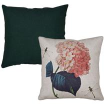Kit 2 Capas Almofada Linho Verde + Linho Estampada Flores 43x43