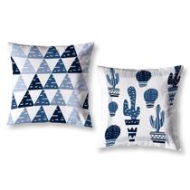 Kit 2 Capas De Almofada Decoração Cactos 40Cm Azul/Branco