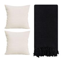 Kit 2 Capas de Almofada Decorativa 42x42cm + Manta Sofá Preta
